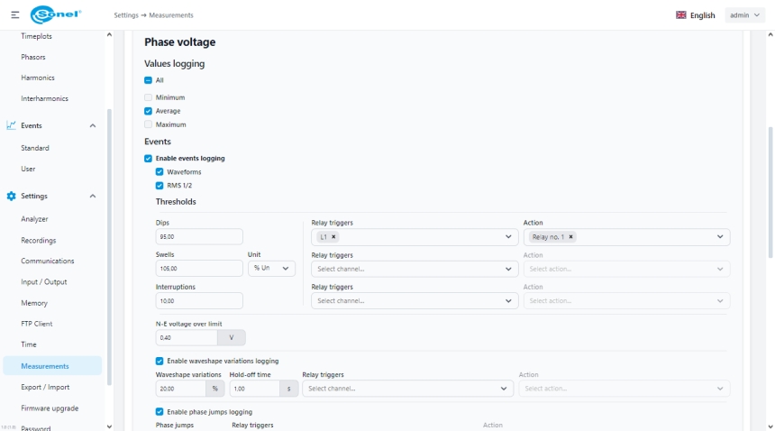 Sonel PQM-750 - Webserver - example configuration screen