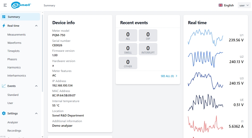 Webserver in Sonel PQM-750 - analyser summary screen