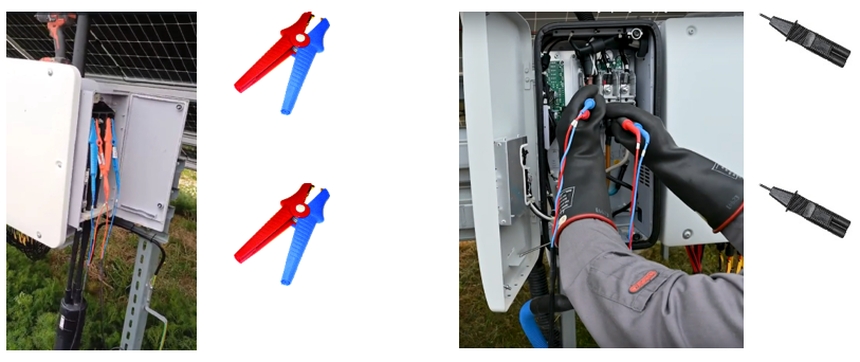 Photos showing how to connect to a selected circuit using crocodile clips or pointed probes